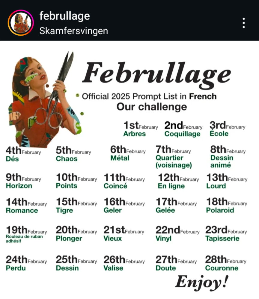 Liste des 28 prompts de Februllage 2025 en français.