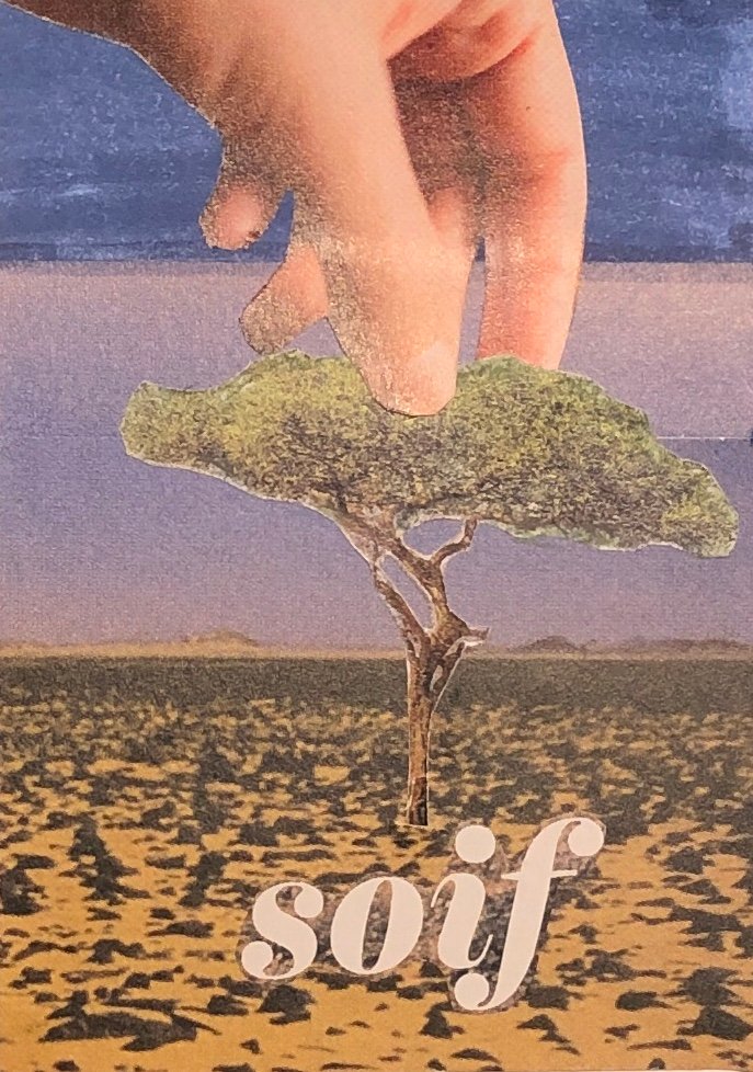 Collage : sur un fond bleu est collé un paysage désertique, sur lequel est collé un arbre. Une main est collée au-dessus de l'arbre et semble le déterrer. le mot Soif est collé sous l'arbre.