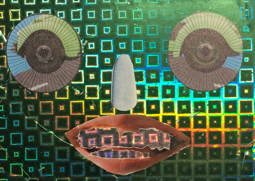 Sur un fond de papier métallisé vert à motif à carreaux sont collées deux ailes de voiture Coccinelle avec les roues pour représenter des yeux, un manche de cuillère en argent collé au centre de l'image représente un nez. Une bouche découpée dans un magazine est collée, dont les dents ont été retirées et remplacées par un morceau de papier métallisé du même motif que le fond, mais argenté et non plus vert.