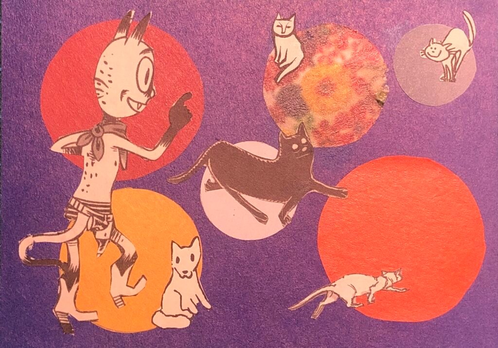 Sur un fond bleu sont collés des cercles de différentes couleurs et par-dessus sont collés des dessins de chats découpés dans des bandes dessinées.