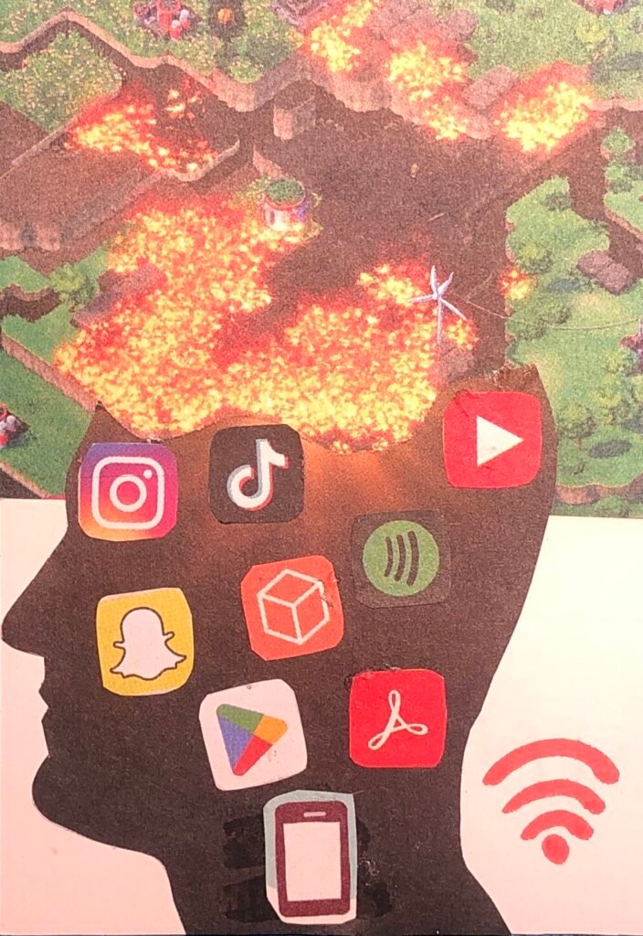 La silhouette noire d'une tête sur laquelle sont collés les logo de diverses applications telles que TikTok, Spotify, Instagram. Au sommet du crâne ouvert une scène en feu issue d'un jeu vidéo. Près de la nuque un symbole de wi-fi.